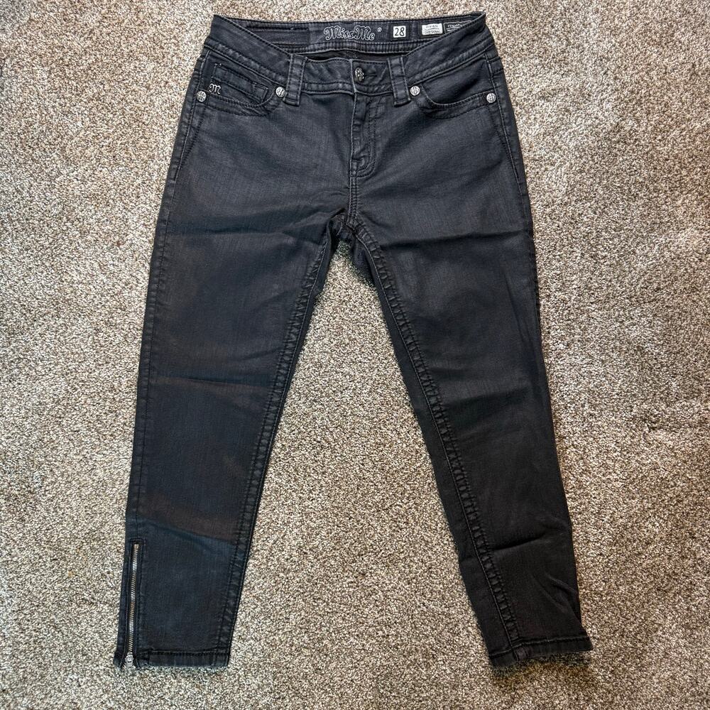 Miss Me Black Mid-Rise Crop Skinny Subtle Shine Zipper Ankles Grunge Jean Trendy - Picture 3 of 10